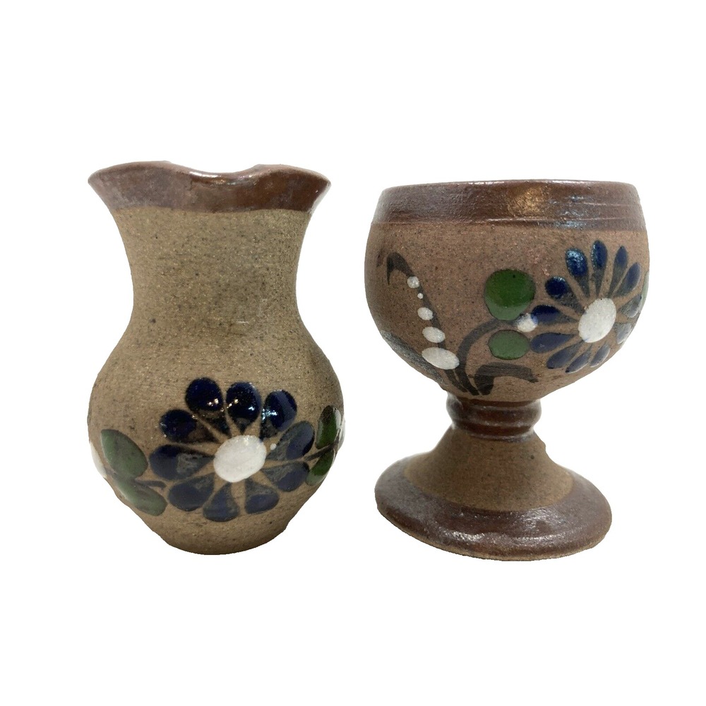 Vintage Mexico Tonala Hand Painted Floral Pottery Mini Bud Vase ‎ 2.75" Set of 2